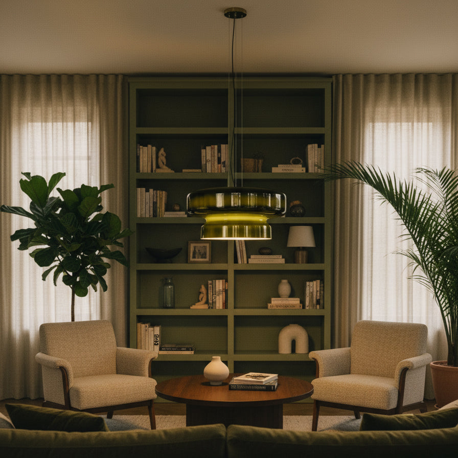 Clérachic green glass pendant lit in front of an olive bookshelf, between two cream armchairs and tall plants.