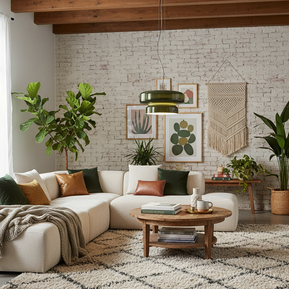 A Clérachic dark green glass pendant hangs in a living room with a cream corner sofa, a brick wall and framed botanical prints.