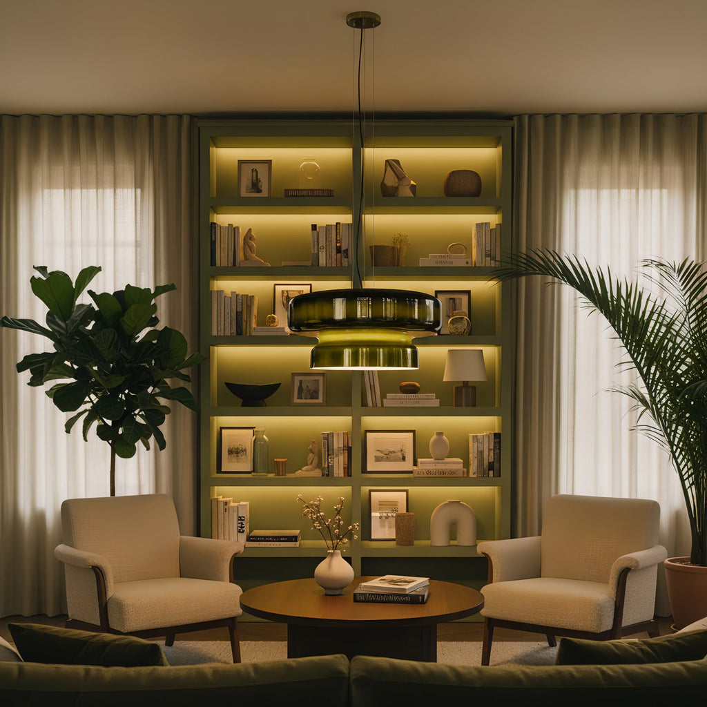 This Clérachic green glass pendant glows yellow-green at its waist, in front of lit shelves, with two armchairs and a round coffee table below.