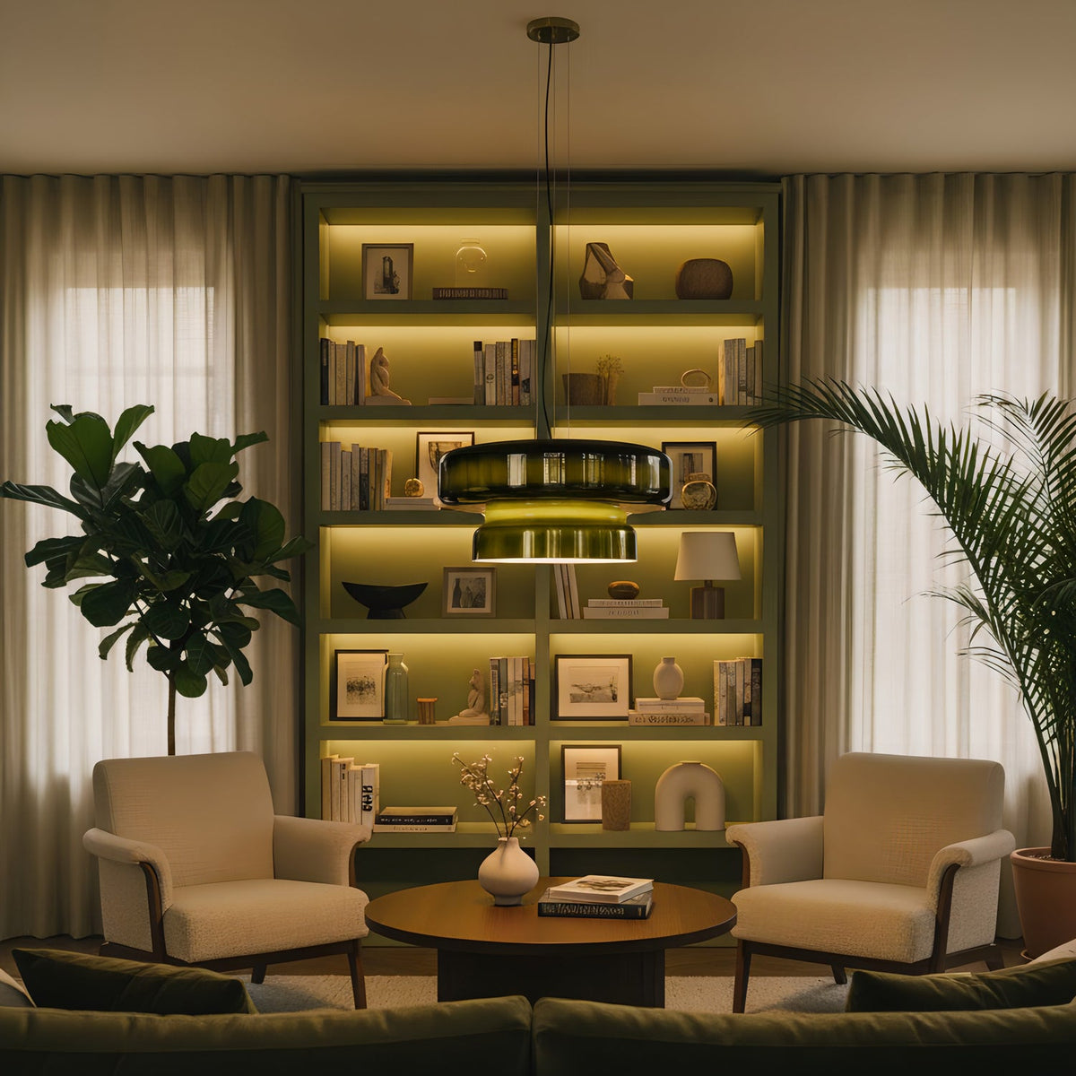 This Clérachic green glass pendant glows yellow-green at its waist, in front of lit shelves, with two armchairs and a round coffee table below.