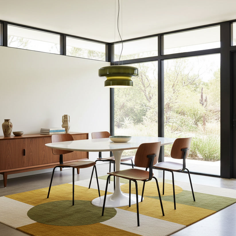 Clérachic dark green glass pendant above a white oval table, with a sideboard and large glass doors onto a garden behind.