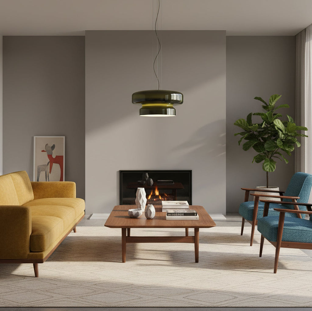 A Clérachic dark green glass pendant in a grey room with a yellow sofa, a low wooden coffee table and two blue armchairs.