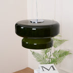 Close view of a Clérachic dark green glass pendant with a chrome plate, a fern behind and a book below.