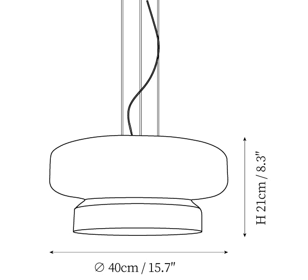 Clérachic pendant light dimension drawing, every measurement marked in centimetres and inches.