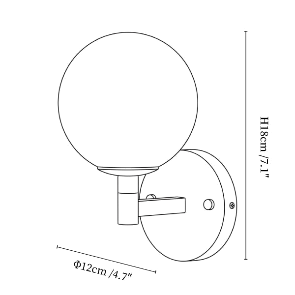 Clérachic wall light dimension drawing, every measurement marked in centimetres and inches.