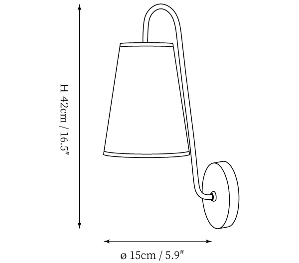 Dimension drawing of this Clérachic wall light, with its 42 cm height and 15 cm width marked.