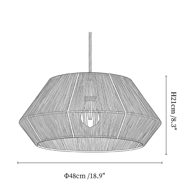 Clérachic pendant light dimension drawing, 1 of 4, every measurement marked in centimetres and inches.