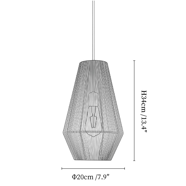 Clérachic pendant light dimension drawing, 3 of 4, every measurement marked in centimetres and inches.