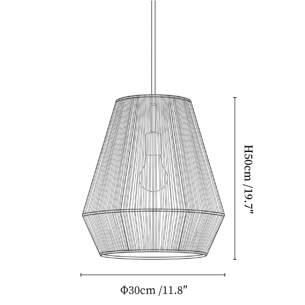 Clérachic pendant light dimension drawing, 4 of 4, every measurement marked in centimetres and inches.
