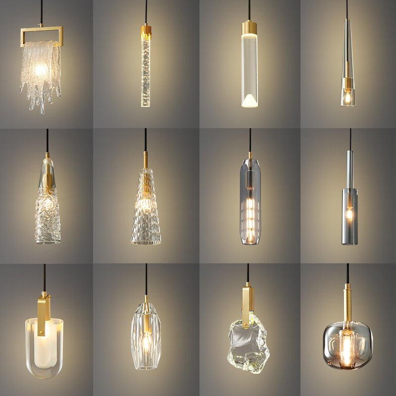 A grid of twelve Clérachic pendants in clear, ribbed, smoke grey and rock-textured glass, all lit against a grey backdrop.