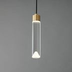 The lit cylinder Clérachic pendant on a dark grey backdrop, with the glow concentrated at both ends of the clear glass.