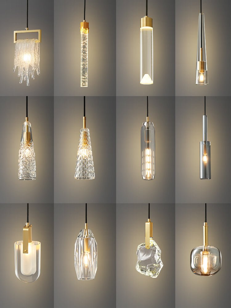 A grid of twelve Clérachic pendants in a portrait layout, with clear, ribbed, smoke grey and rock-textured glass shades.