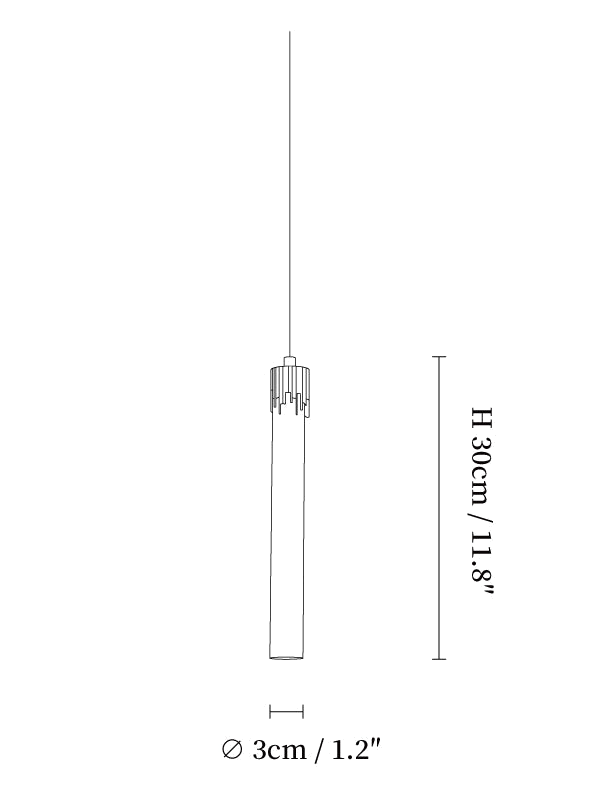 Clérachic pendant light dimension drawing, 1 of 11, every measurement marked in centimetres and inches.