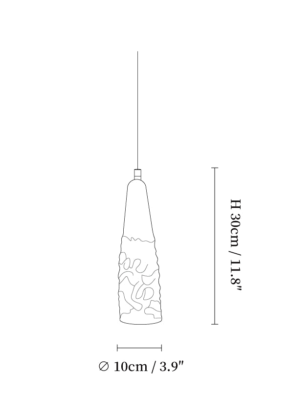 Clérachic pendant light dimension drawing, 2 of 11, every measurement marked in centimetres and inches.