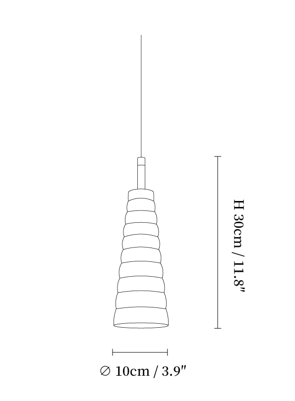 Clérachic pendant light dimension drawing, 3 of 11, every measurement marked in centimetres and inches.