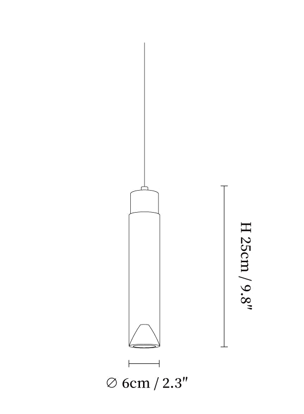 Clérachic pendant light dimension drawing, 5 of 11, every measurement marked in centimetres and inches.