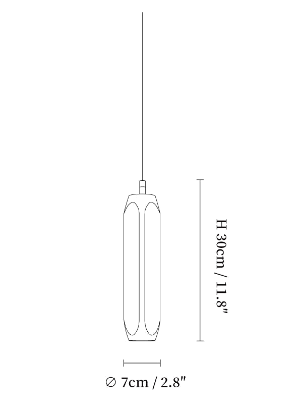Clérachic pendant light dimension drawing, 6 of 11, every measurement marked in centimetres and inches.