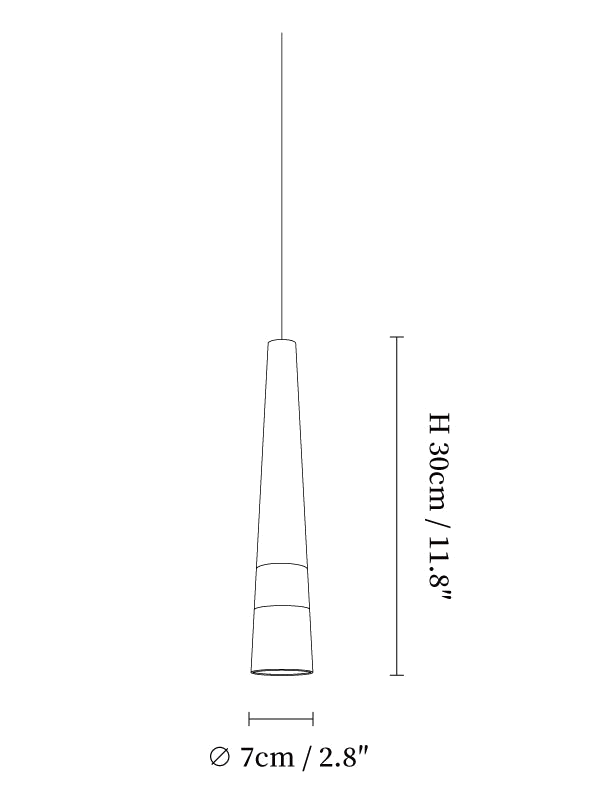 Clérachic pendant light dimension drawing, 7 of 11, every measurement marked in centimetres and inches.
