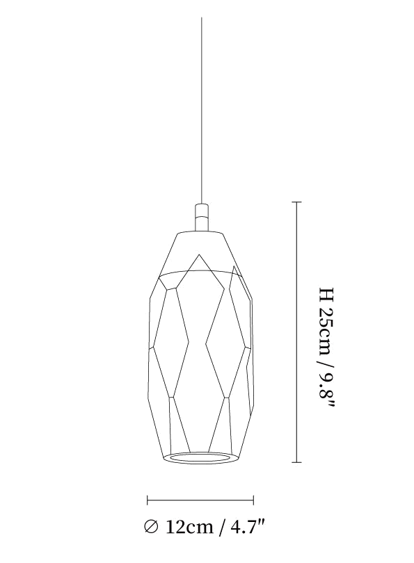 Clérachic pendant light dimension drawing, 8 of 11, every measurement marked in centimetres and inches.