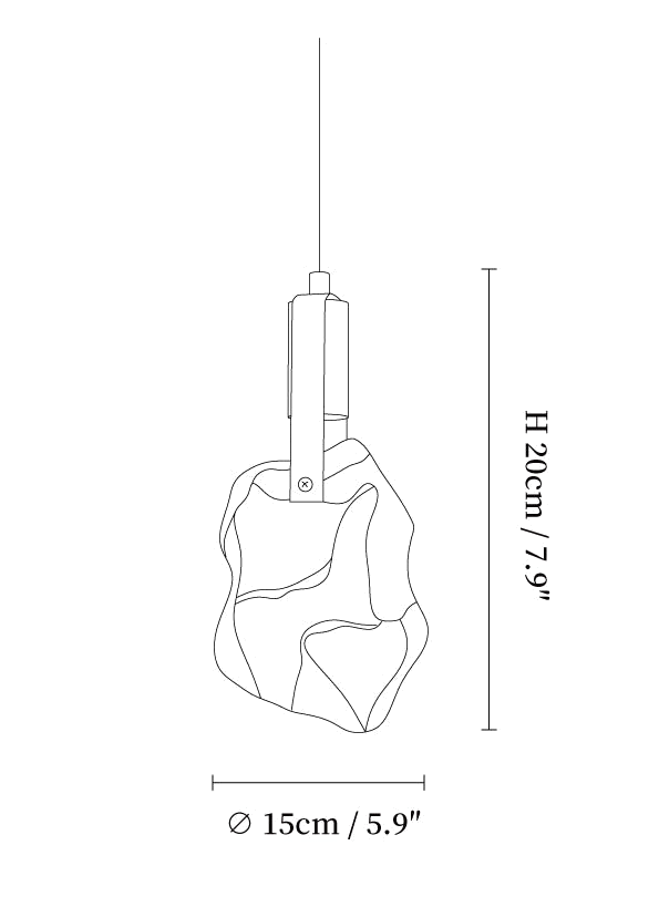 Clérachic pendant light dimension drawing, 9 of 11, every measurement marked in centimetres and inches.