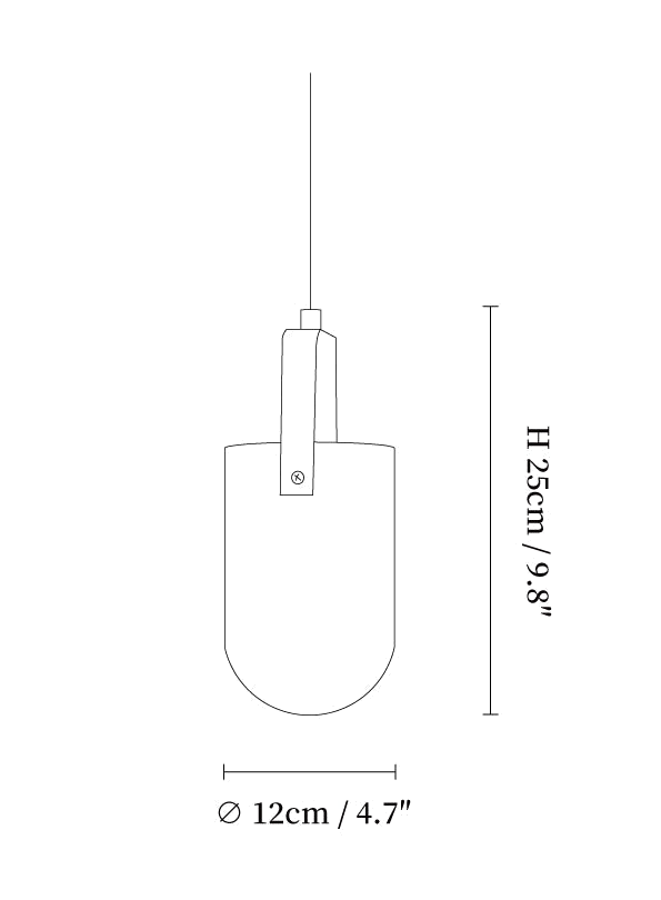 Clérachic pendant light dimension drawing, 10 of 11, every measurement marked in centimetres and inches.