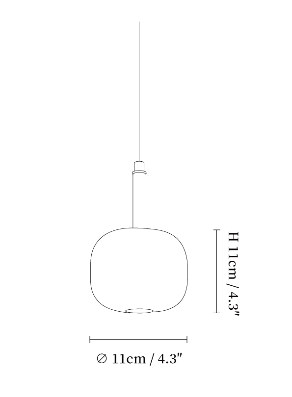 Clérachic pendant light dimension drawing, 11 of 11, every measurement marked in centimetres and inches.
