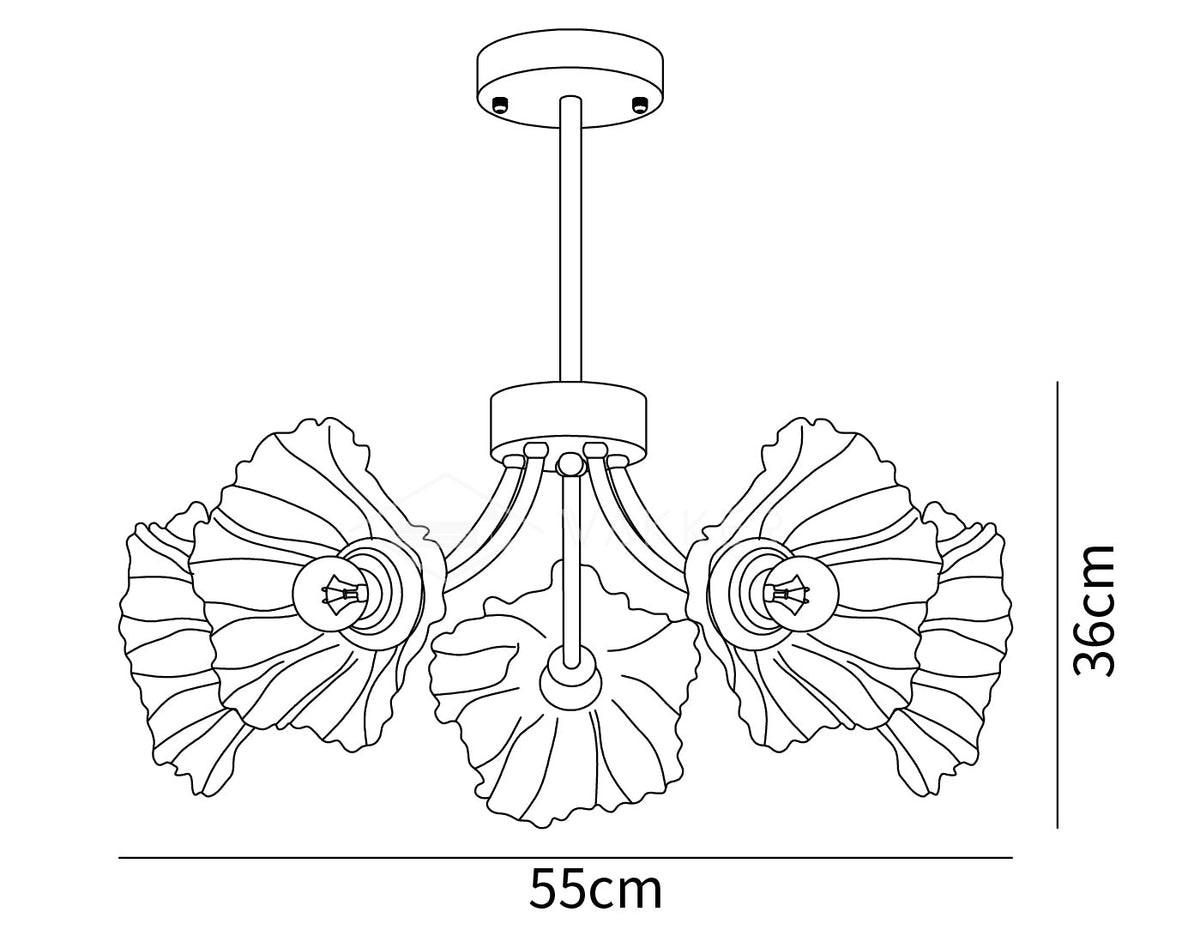 Dimension drawing of the kalin flower glass chandelier, in outline against white.