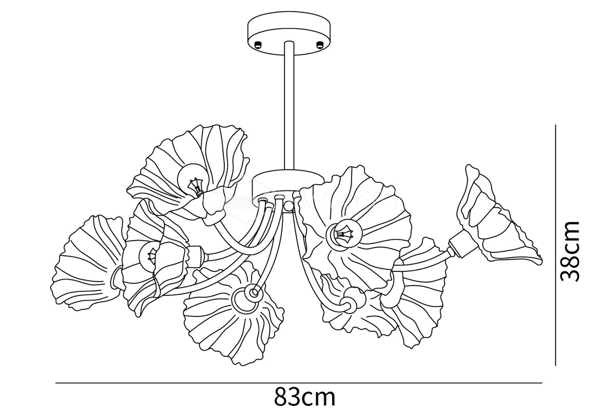 Dimension drawing of the kalin flower glass chandelier, in outline against white.
