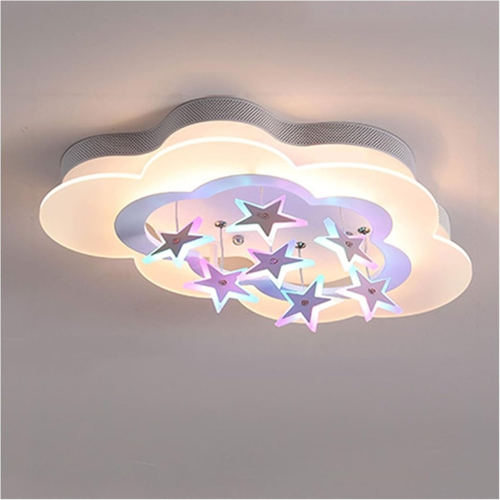 Close up of the Clérachic cloud-shaped ceiling light with hanging stars edged in lilac and blue light, mounted flush to the ceiling.