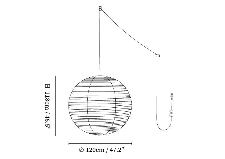 Dimension drawing of the kozo paper globe swag pendant white plug wire, in outline against white.