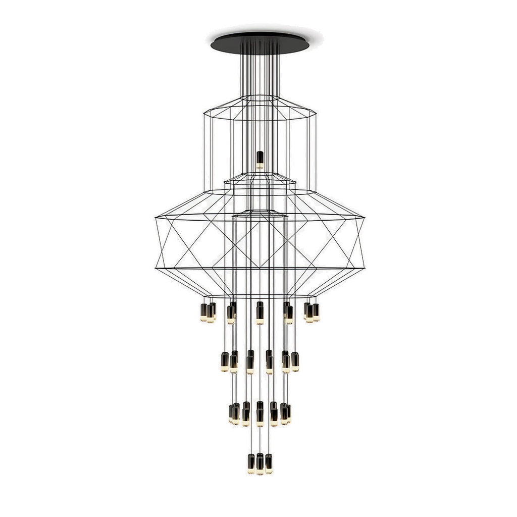 Stacked-frame Clérachic wire chandelier with three clusters of LED drops falling below, on white.