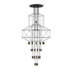 Stacked-frame Clérachic wire chandelier with three clusters of LED drops falling below, on white.