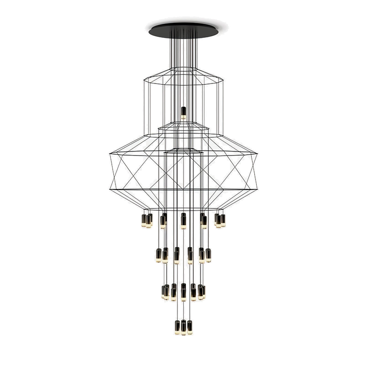 Stacked-frame Clérachic wire chandelier with three clusters of LED drops falling below, on white.