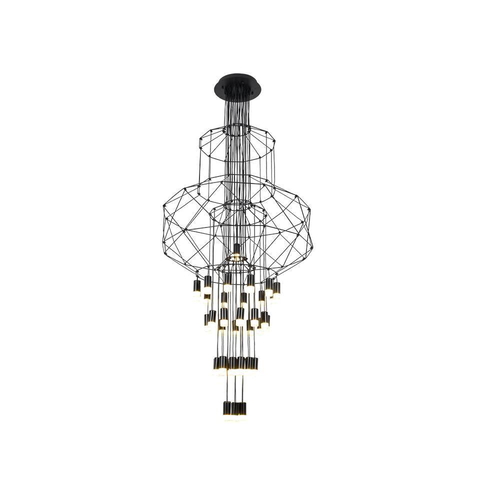 Smaller Clérachic wire chandelier with stacked octagonal frames and a dense cluster of black drops, on white.