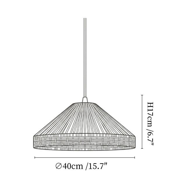 Clérachic pendant light dimension drawing, 1 of 3, every measurement marked in centimetres and inches.