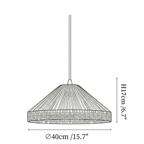 Clérachic pendant light dimension drawing, 1 of 3, every measurement marked in centimetres and inches.