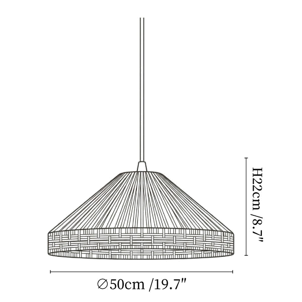 Clérachic pendant light dimension drawing, 2 of 3, every measurement marked in centimetres and inches.