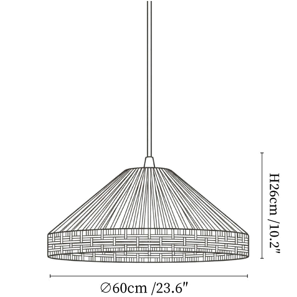 Clérachic pendant light dimension drawing, 3 of 3, every measurement marked in centimetres and inches.