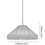 Clérachic pendant light dimension drawing, 3 of 3, every measurement marked in centimetres and inches.