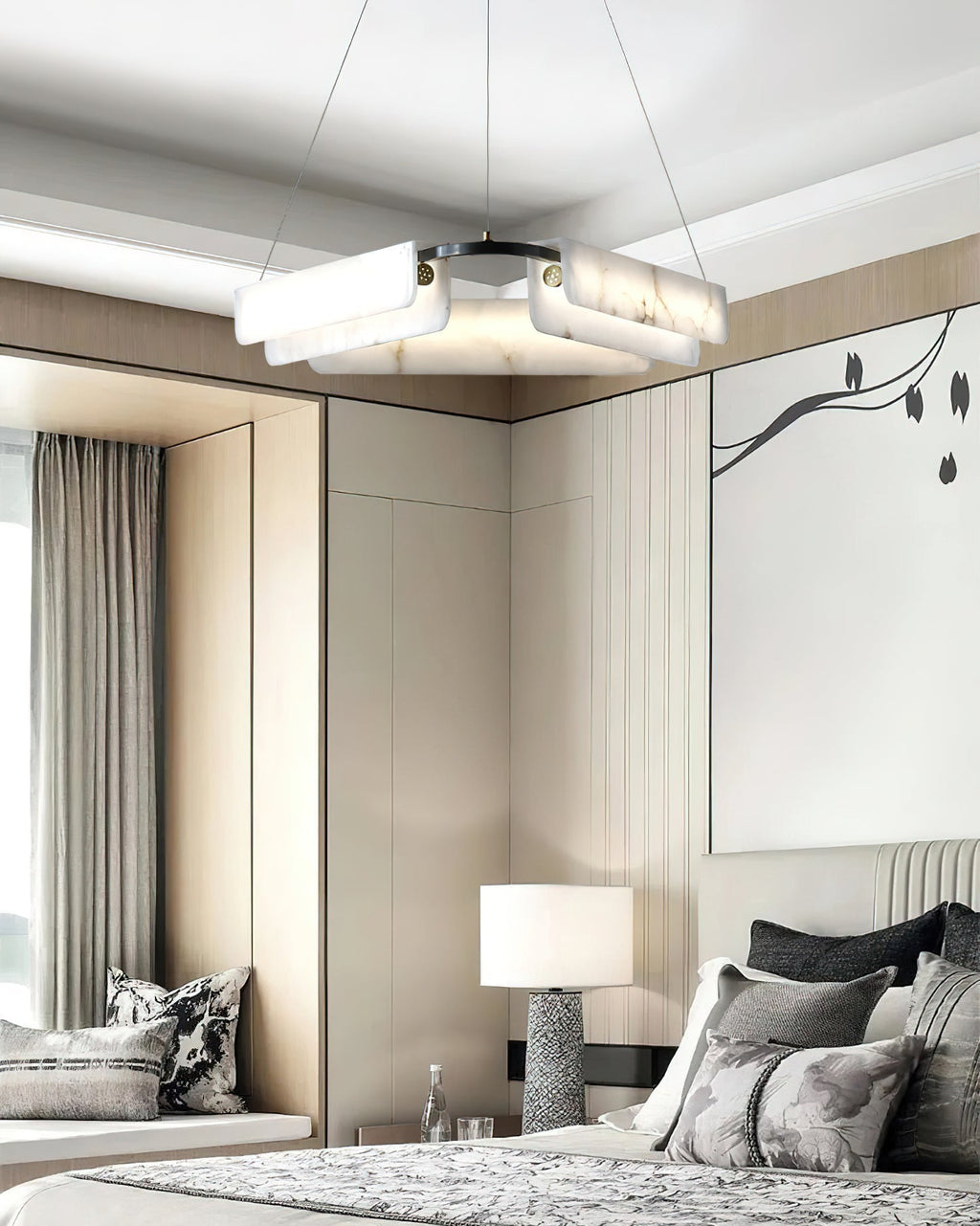 Clérachic Layered Alabaster Plate Chandelier seen up close in a bedroom corner, its plates catching the daylight.