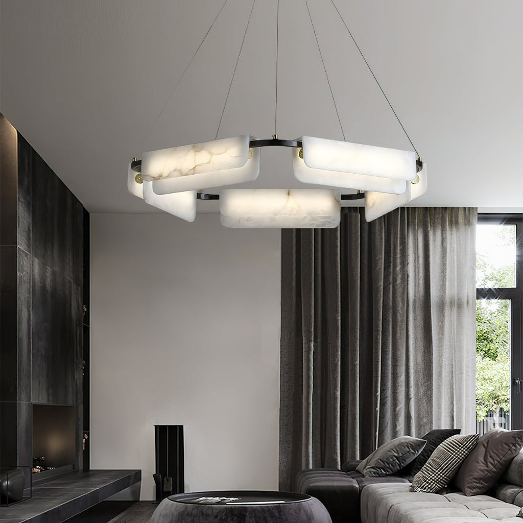 Clérachic Layered Alabaster Plate Chandelier seen from below in a fireplace lounge, its ring floating under a white ceiling.