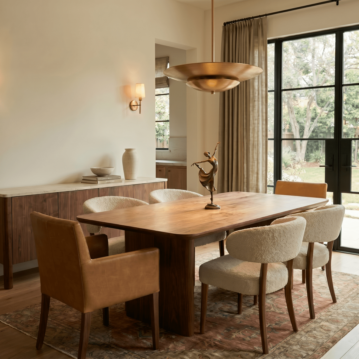 Clérachic pendant light in brushed brass hanging over a walnut dining table set for a sunlit family meal.