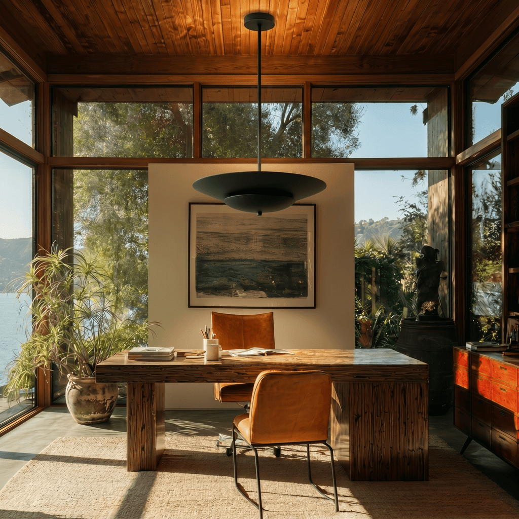 Clérachic pendant light in matte black hanging above a wooden desk in a glass-walled home office by water.