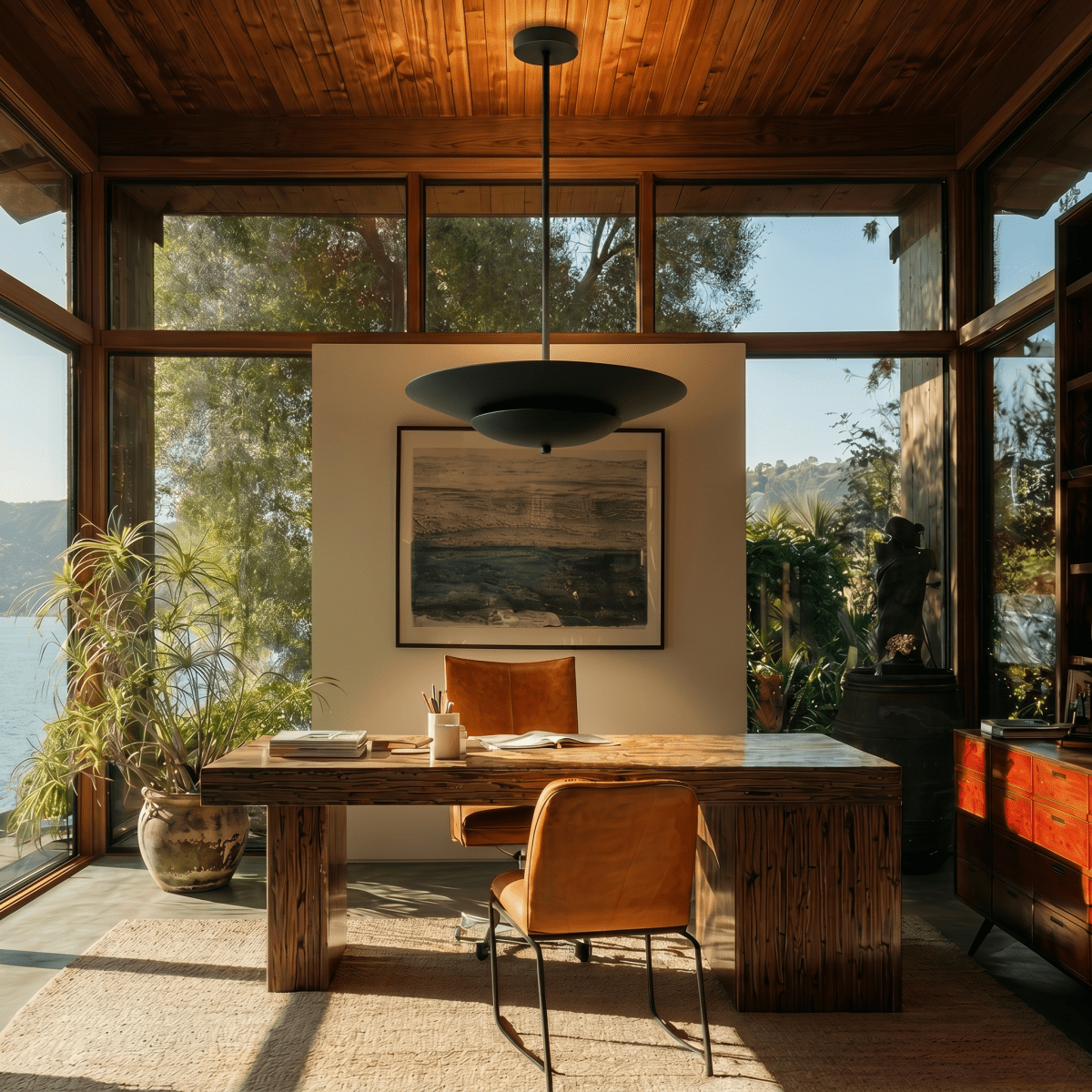 Clérachic pendant light in matte black hanging above a wooden desk in a glass-walled home office by water.