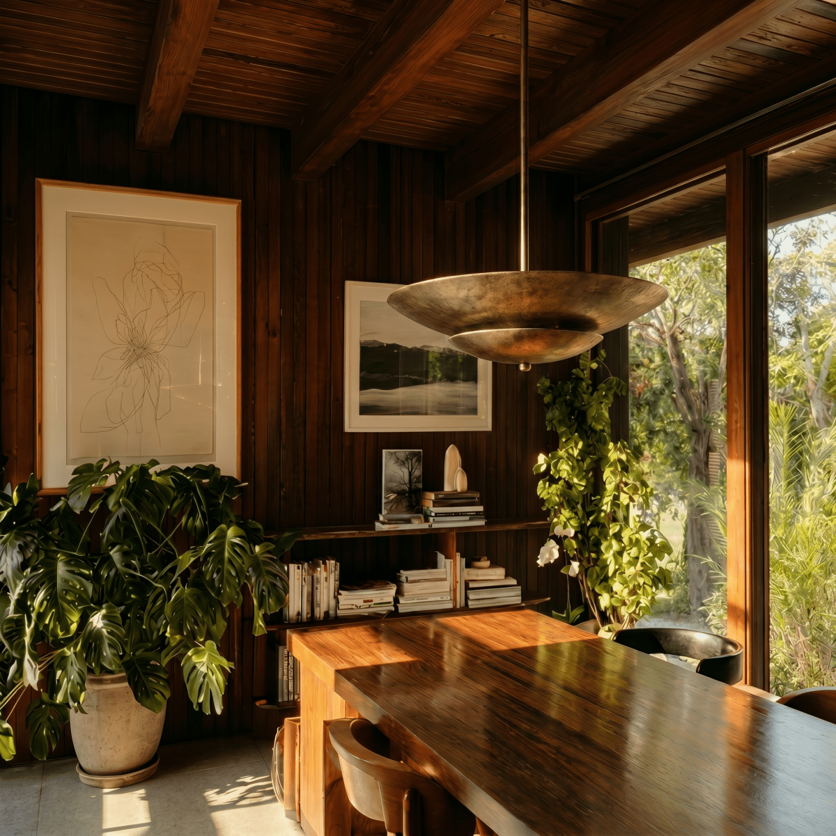 Clérachic pendant light in vintage brass above a wooden dining table, framed by potted plants and shelves.