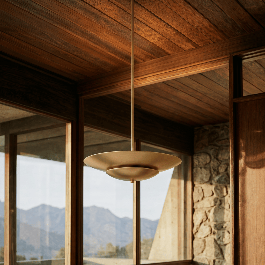 Clérachic pendant light in brushed brass hanging in a timber-lined room with distant mountains in view.