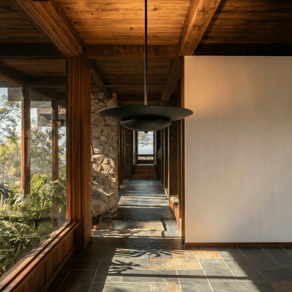 Clérachic pendant light in matte black lighting a stone-walled hallway leading toward an outdoor view.