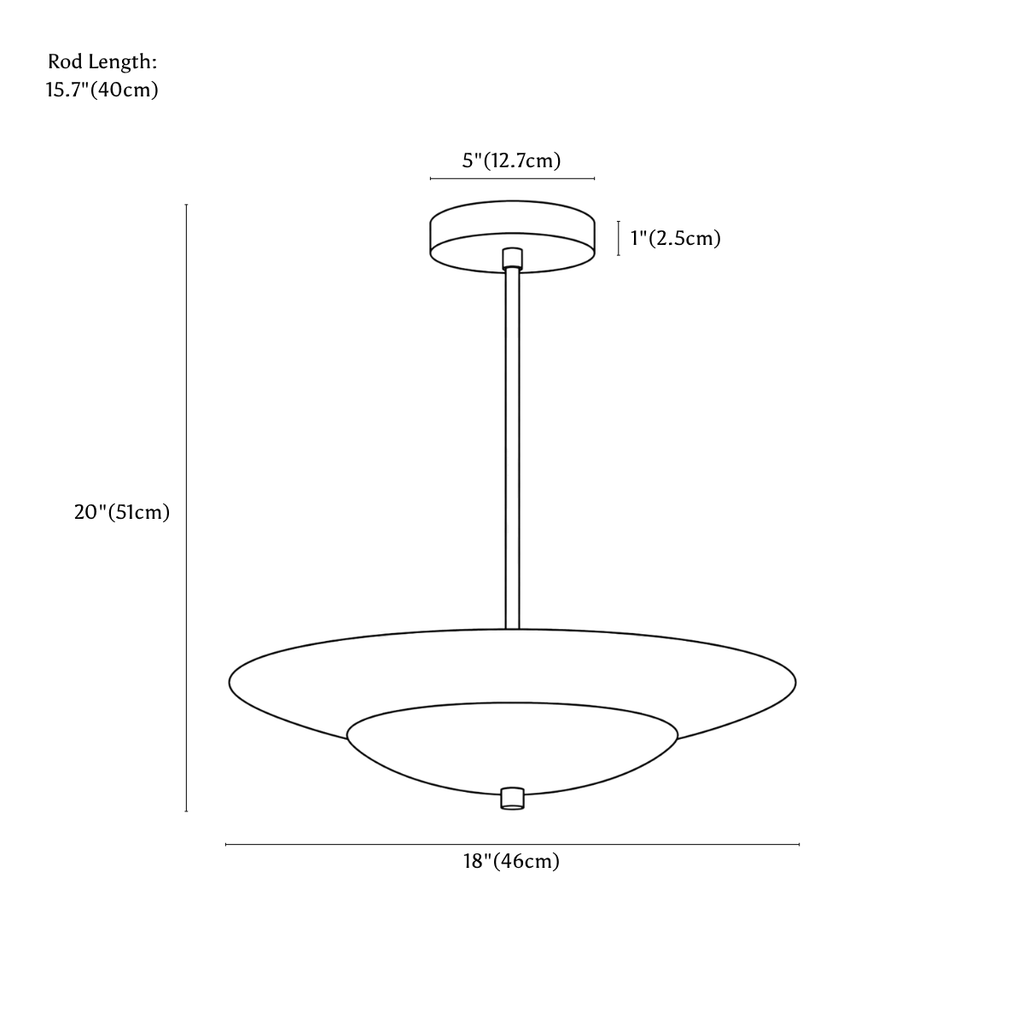 Clérachic pendant light dimension drawing, every measurement marked in centimetres and inches.