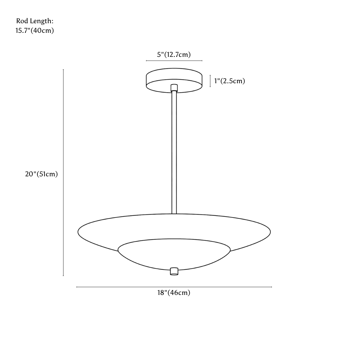 Clérachic pendant light dimension drawing, every measurement marked in centimetres and inches.