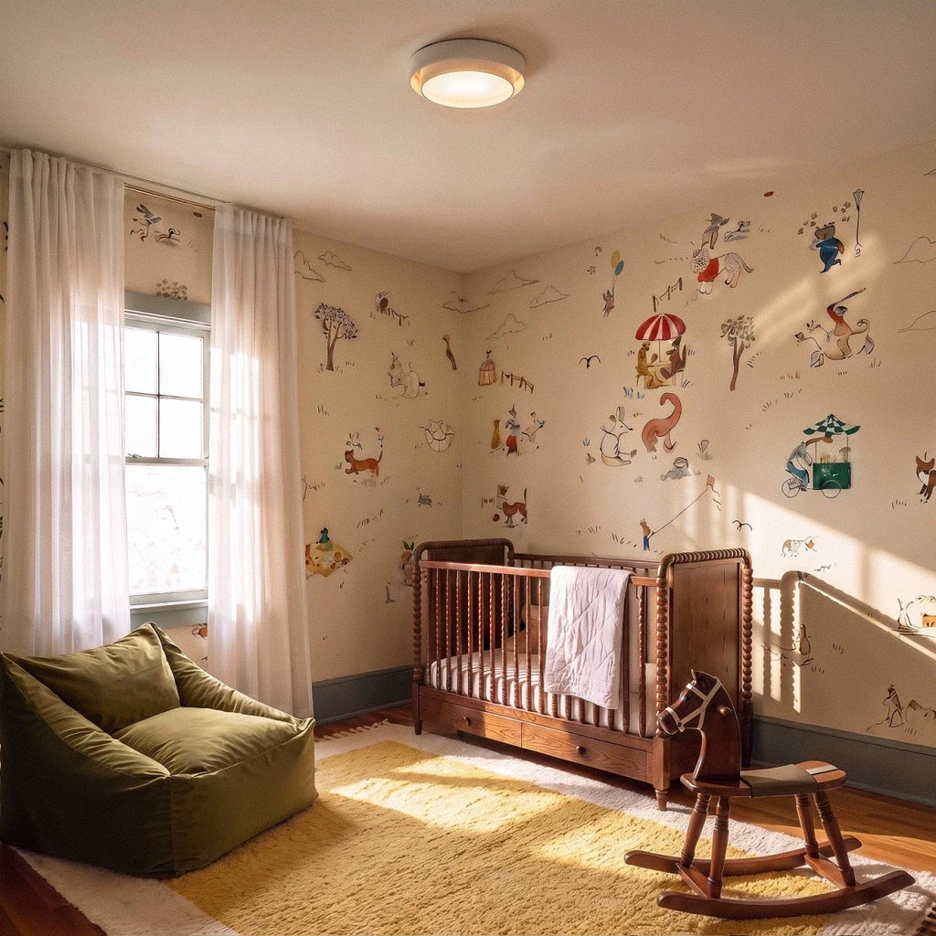 Clérachic white round ceiling light above a nursery with a wooden cot, illustrated wallpaper and a rocking horse.